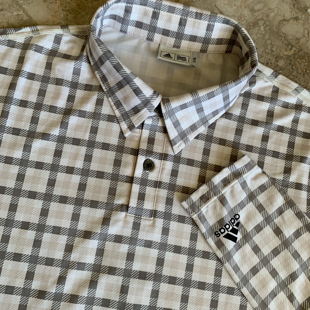 Adidas Golf Youth Boys Large Long Sleeve Polo Shirt Beige Brown Check